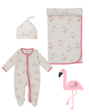 Load image into Gallery viewer, Converter Gown, Knot Hat &amp; Blanket Set in Flamingo Love Print
