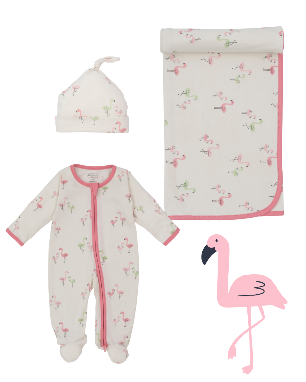 Converter Gown, Knot Hat & Blanket Set in Flamingo Love Print