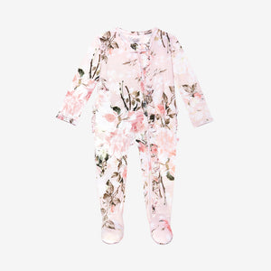 Vintage Pink Rose Ruffled Zippered Footie