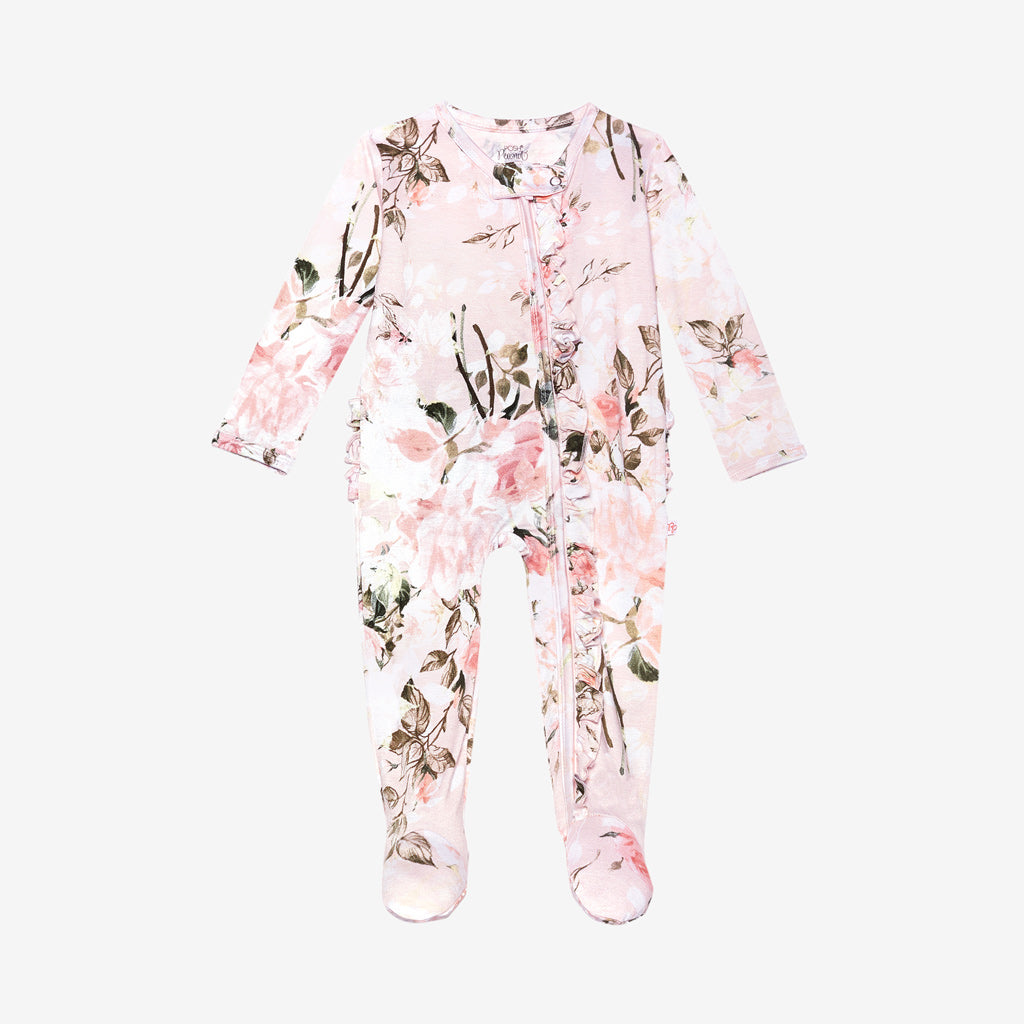 Vintage Pink Rose Ruffled Zippered Footie