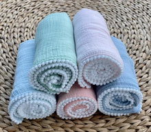 Load image into Gallery viewer, Cotton Muslim Swaddle Blanket w/ Pom-Pom Trim - Assorted styles
