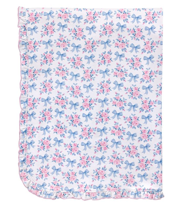 Blue Floral Bows Blanket w/Ruffle