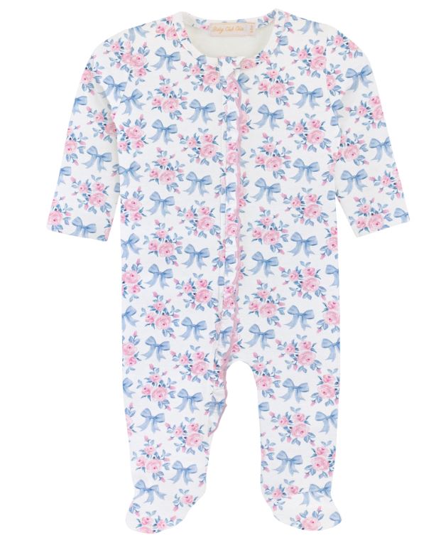 Blue Floral Bows Zipper Footie w/Ruffles