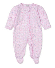 Load image into Gallery viewer, Pink Ruffle Zippered  Footie w/ Pink &amp; Purple Hearts
