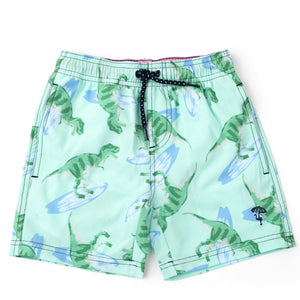 "Surfin' Dinos" Print Swim Trunks