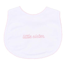 Load image into Gallery viewer, &quot;Little Sister&quot; White &amp; Pink Embroidered Bib
