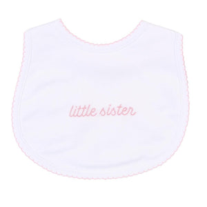 "Little Sister" White & Pink Embroidered Bib