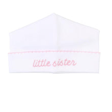 Load image into Gallery viewer, &quot;Little Sister&quot; Pink &amp; White Embroidered Newborn Hat
