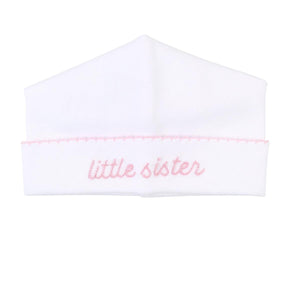 "Little Sister" Pink & White Embroidered Newborn Hat