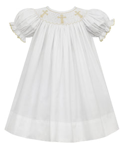 White Bishop Dress with Smocked Cross in Ecru