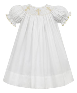 Infant Girl's S/S Bishop Dress White with Smocked Ecru Cross