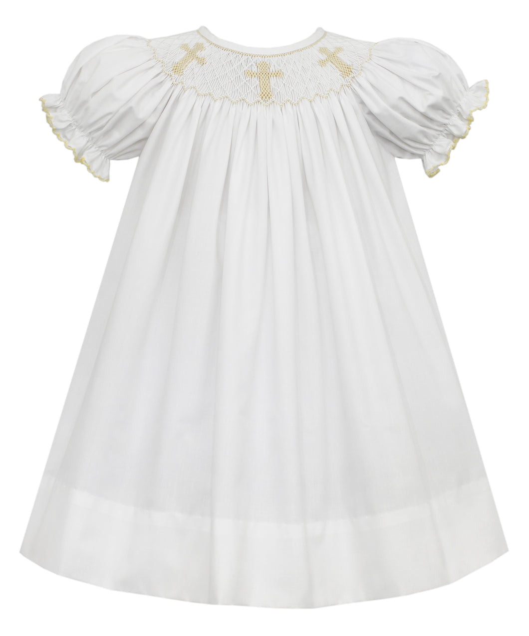 White Bishop Dress with Smocked Cross in Ecru