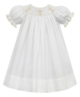 Infant Girl's S/S Bishop Dress White with Smocked Ecru Cross