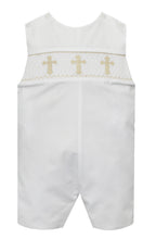 Load image into Gallery viewer, Infant Boy&#39;s White Shortall with Smocked Ecru Cross
