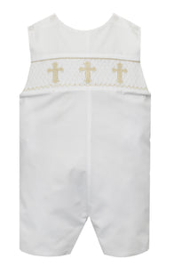 Infant Boy's White Shortall with Smocked Ecru Cross