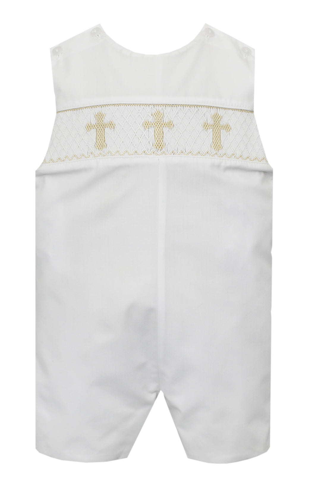 Infant Boy's White Shortall with Smocked Ecru Cross