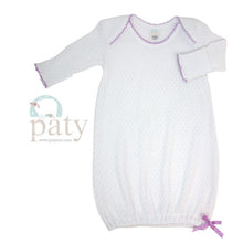 Load image into Gallery viewer, Paty L/S Knit Baby Lap Shoulder Gown  - White with Lavender Trim &amp; Bow
