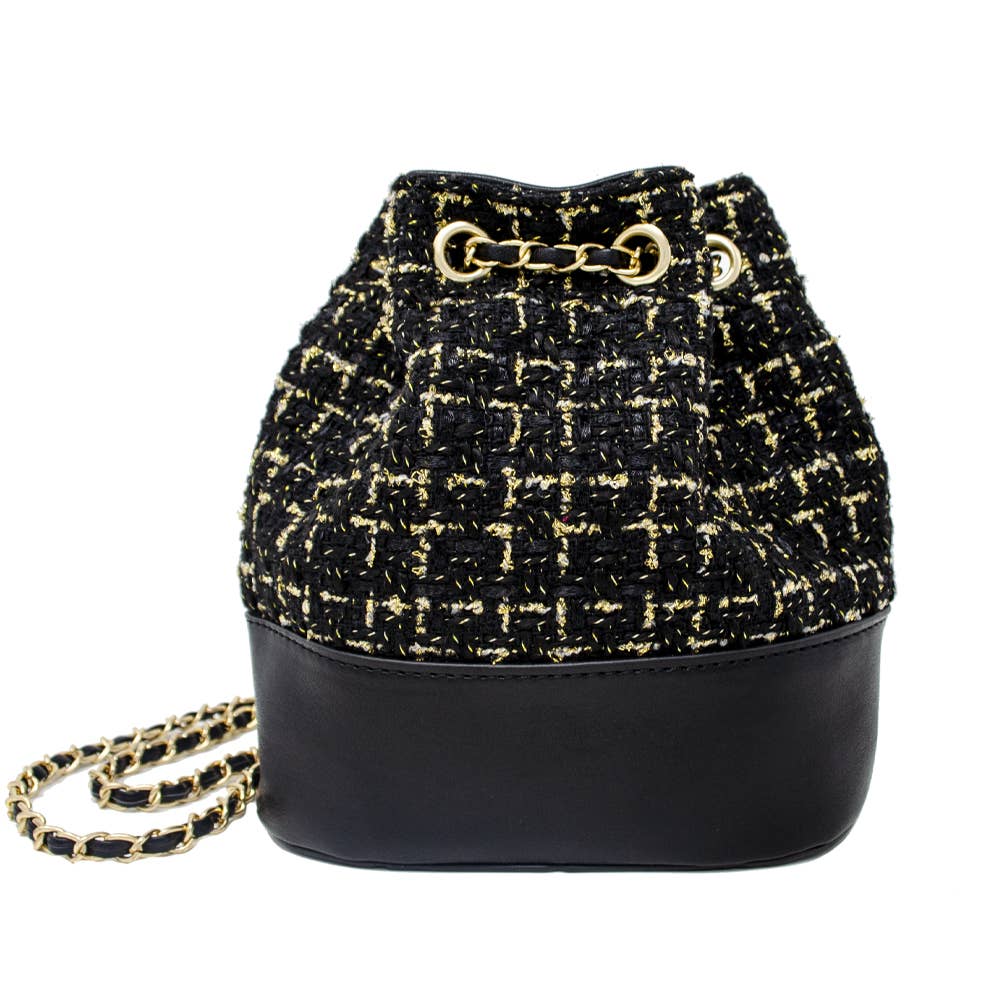 Tweed Drawstring Backpack Bag: Black