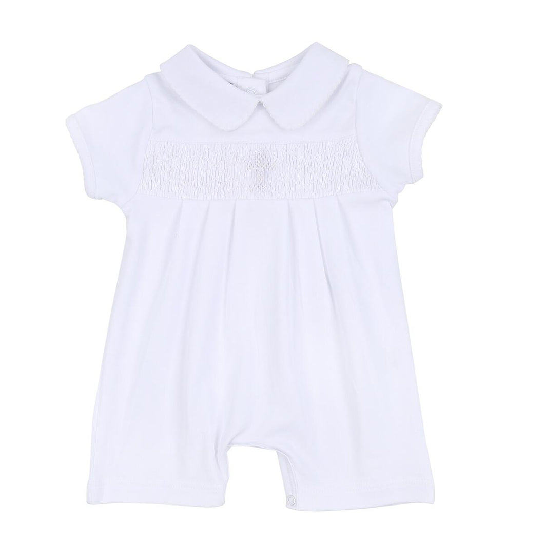 White Cotton S/S Playsuit with Smocked Cross