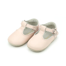 Load image into Gallery viewer, Elodie Scalloped T-Strap Soft Leather Crib Shoe - Pink
