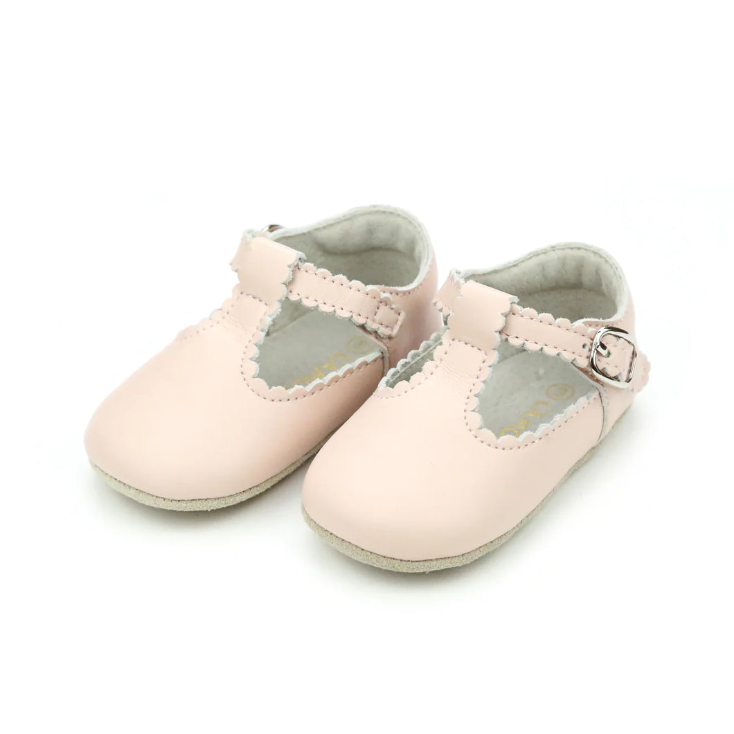 Elodie Scalloped T-Strap Soft Leather Crib Shoe - Pink