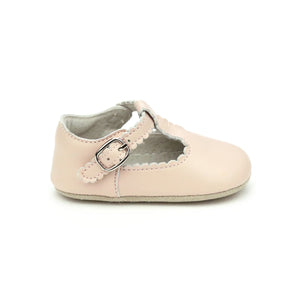 Elodie Scalloped T-Strap Soft Leather Crib Shoe - Pink