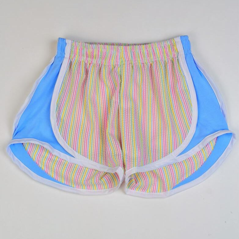 Girl's Athletic Shorts - Pastel Rainbow with Blue Sides - mommie
