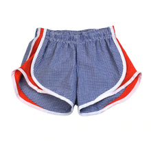 Load image into Gallery viewer, Girl&#39;s Athletic Shorts - Navy Seersucker Check w/Red Sides

