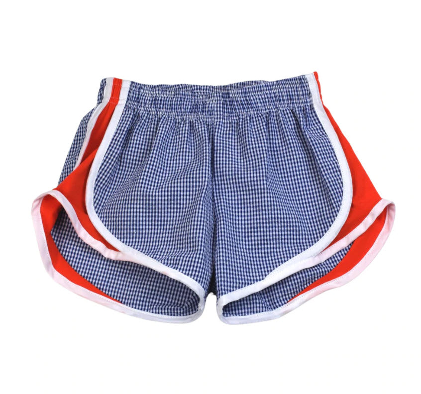 Girl's Athletic Shorts - Navy Seersucker Check w/Red Sides