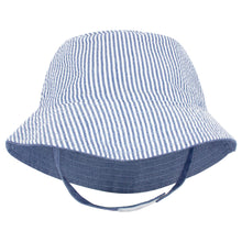 Load image into Gallery viewer, Boy&#39;s Reversible Seersucker Sun Hat in Navy Seersucker/Chambray Blue
