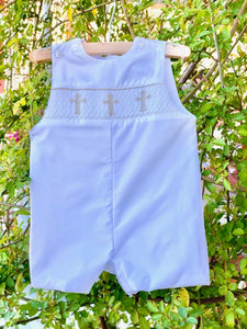 Infant Boy's White Shortall with Smocked Ecru Cross