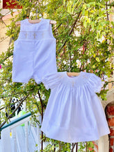 Load image into Gallery viewer, Infant Boy&#39;s White Shortall with Smocked Ecru Cross
