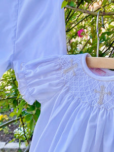 White Bishop Dress with Smocked Cross in Ecru