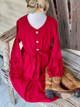 Load image into Gallery viewer, Red Swiss Dot Dress w/ Wooden Button Detail
