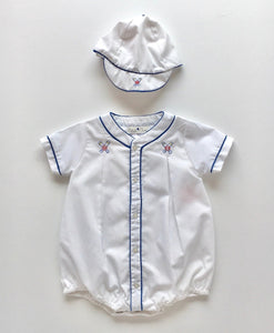 Baby Boy White Bubble w/ Blue trim and Baseball Embroidery