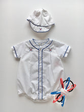 Load image into Gallery viewer, Baby Boy White Bubble w/ Blue trim and Baseball Embroidery
