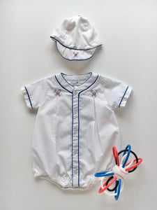 Baby Boy White Bubble w/ Blue trim and Baseball Embroidery