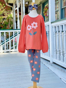 Girl's Knit Tunic & Leggings Set - Orange Flower Embroidered Top & Printed Leggings