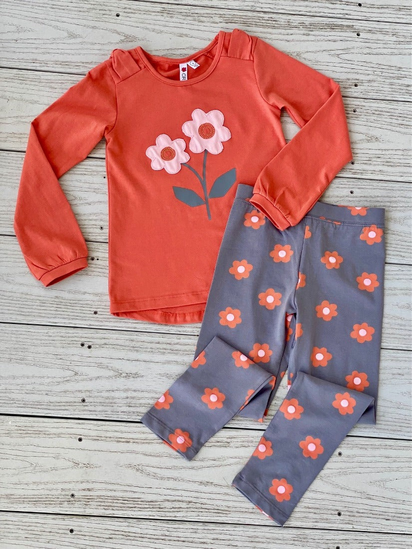 Girl's Knit Tunic & Leggings Set - Orange Flower Embroidered Top & Printed Leggings