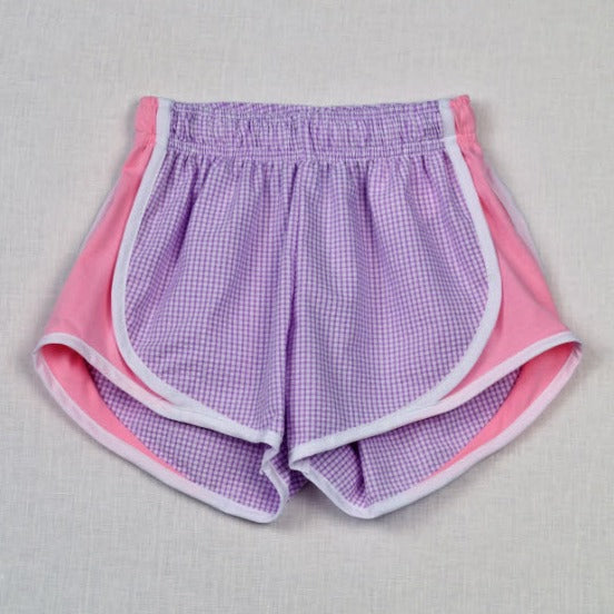 Girl's Athletic Shorts - Lavender & White Seersucker w/Pink Sides