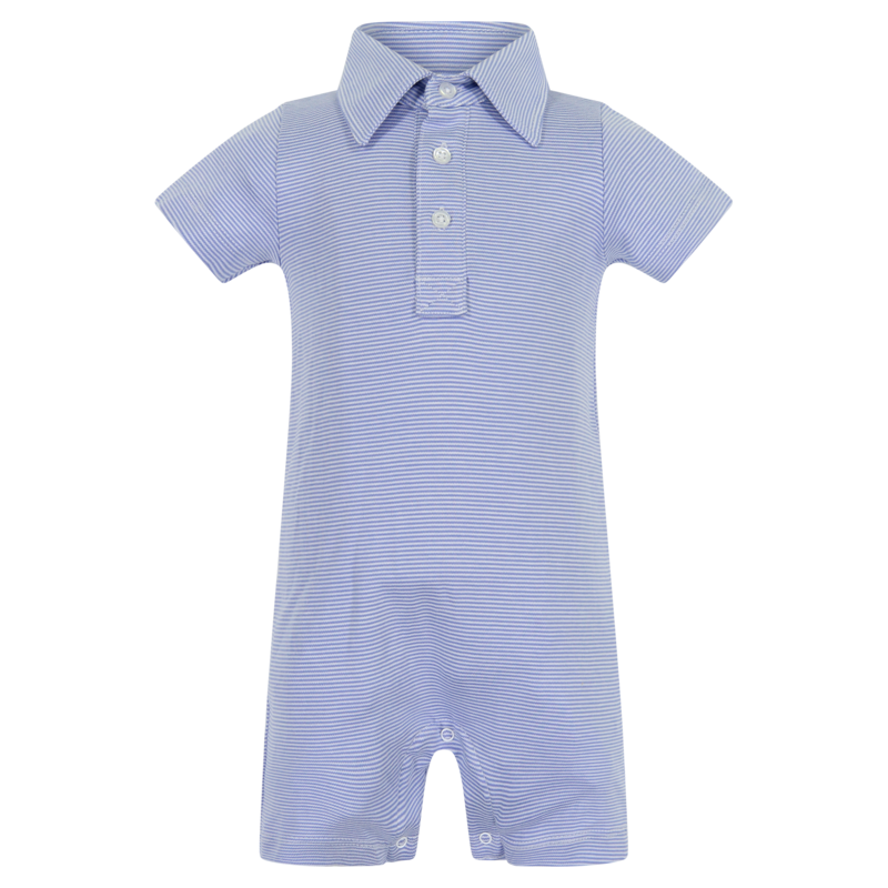 Boy's Polo Romper - Blue & White Stripe