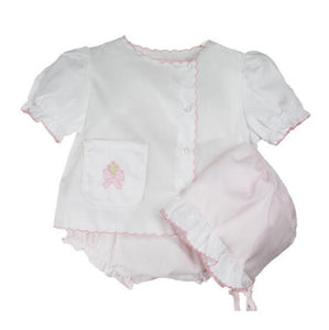 Pink & White Diaper Set w/ Bow Embroidery & Bonnet